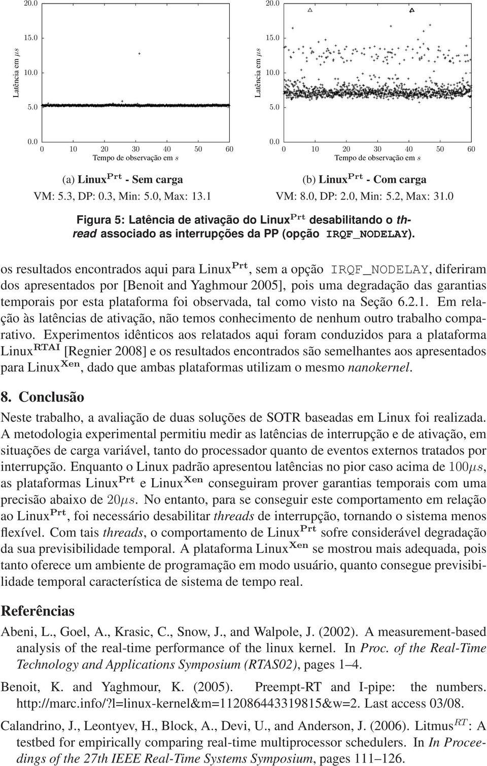 os resultados encontrados aqui para Linux Prt, sem a opção IRQF_NODELAY, diferiram dos apresentados por [Benoit and Yaghmour 2005], pois uma degradação das garantias temporais por esta plataforma foi