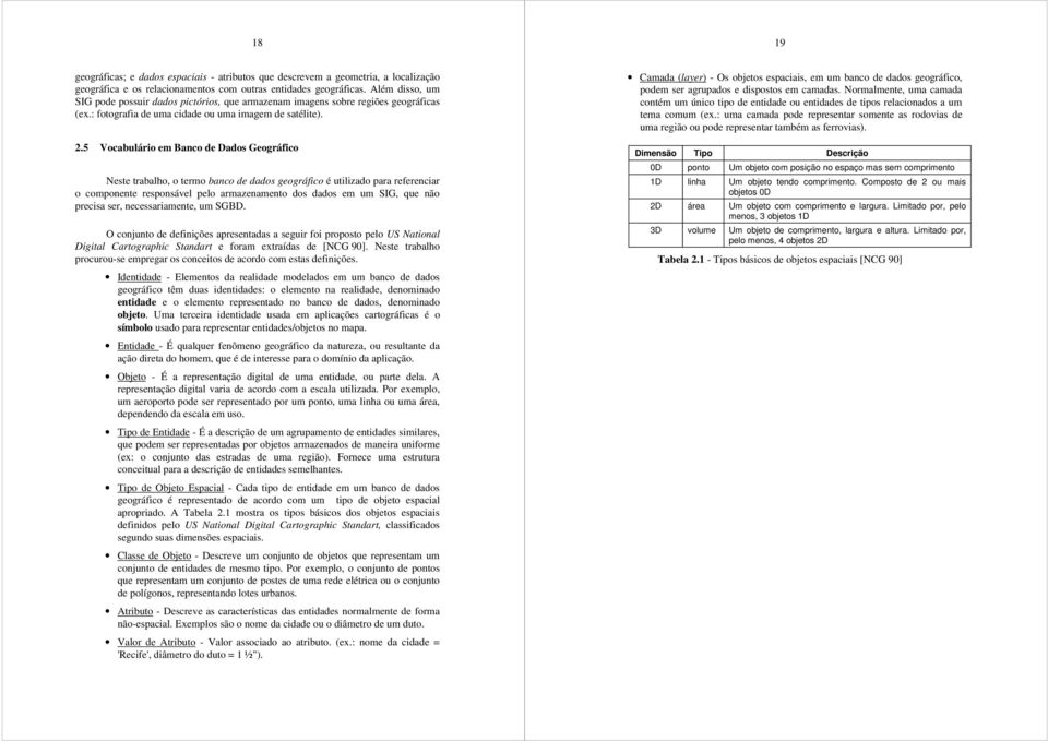 5 Vocabulário em Banco de Dados Geográfico Neste trabalho, o termo banco de dados geográfico é utilizado para referenciar o componente responsável pelo armazenamento dos dados em um SIG, que não