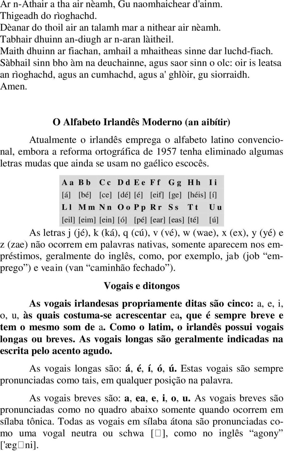 Amen. O Alfabeto Irlandês Moderno (an aibítir) Atualmente o irlandês emprega o alfabeto latino convencional, embora a reforma ortográfica de 1957 tenha eliminado algumas letras mudas que ainda se