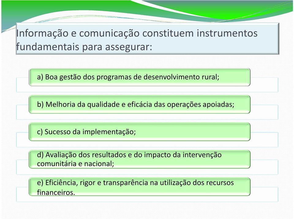 apoiadas; c) Sucesso da implementação; d) Avaliação dos resultados e do impacto da intervenção