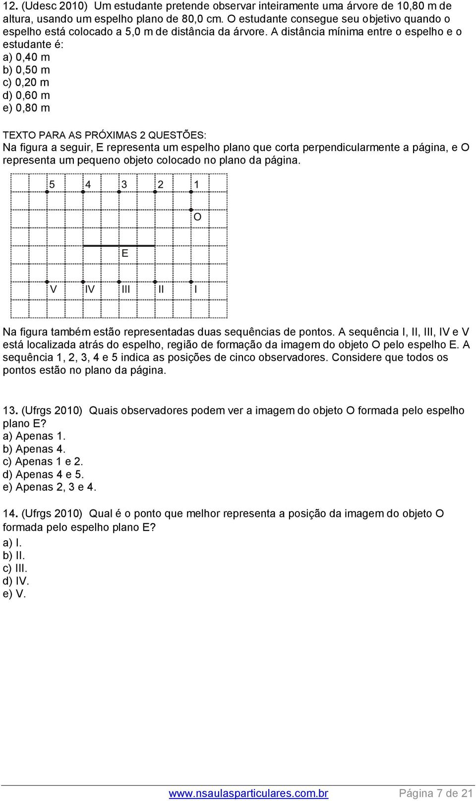 A distância mínima entre o espelho e o estudante é: a) 0,40 m b) 0,50 m c) 0,20 m d) 0,60 m e) 0,80 m TEXTO PARA AS PRÓXIMAS 2 QUESTÕES: Na figura a seguir, E representa um espelho plano que corta