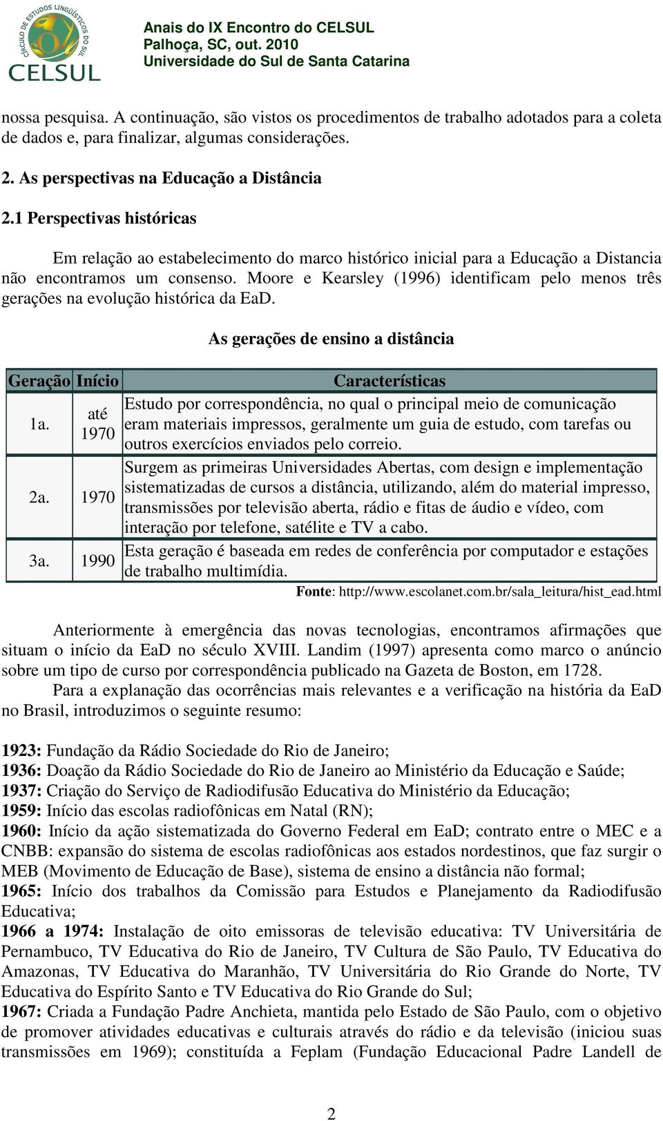 Moore e Kearsley (1996) identificam pelo menos três gerações na evolução histórica da EaD. Geração Início 1a. até 1970 2a. 1970 3a.