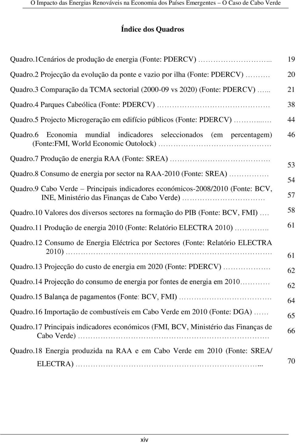 7 Produção de energia RAA (Fonte: SREA). Quadro.8 Consumo de energia por sector na RAA-2010 (Fonte: SREA). Quadro.9 Cabo Verde Principais indicadores económicos-2008/2010 (Fonte: BCV, INE, Ministério das Finanças de Cabo Verde) Quadro.