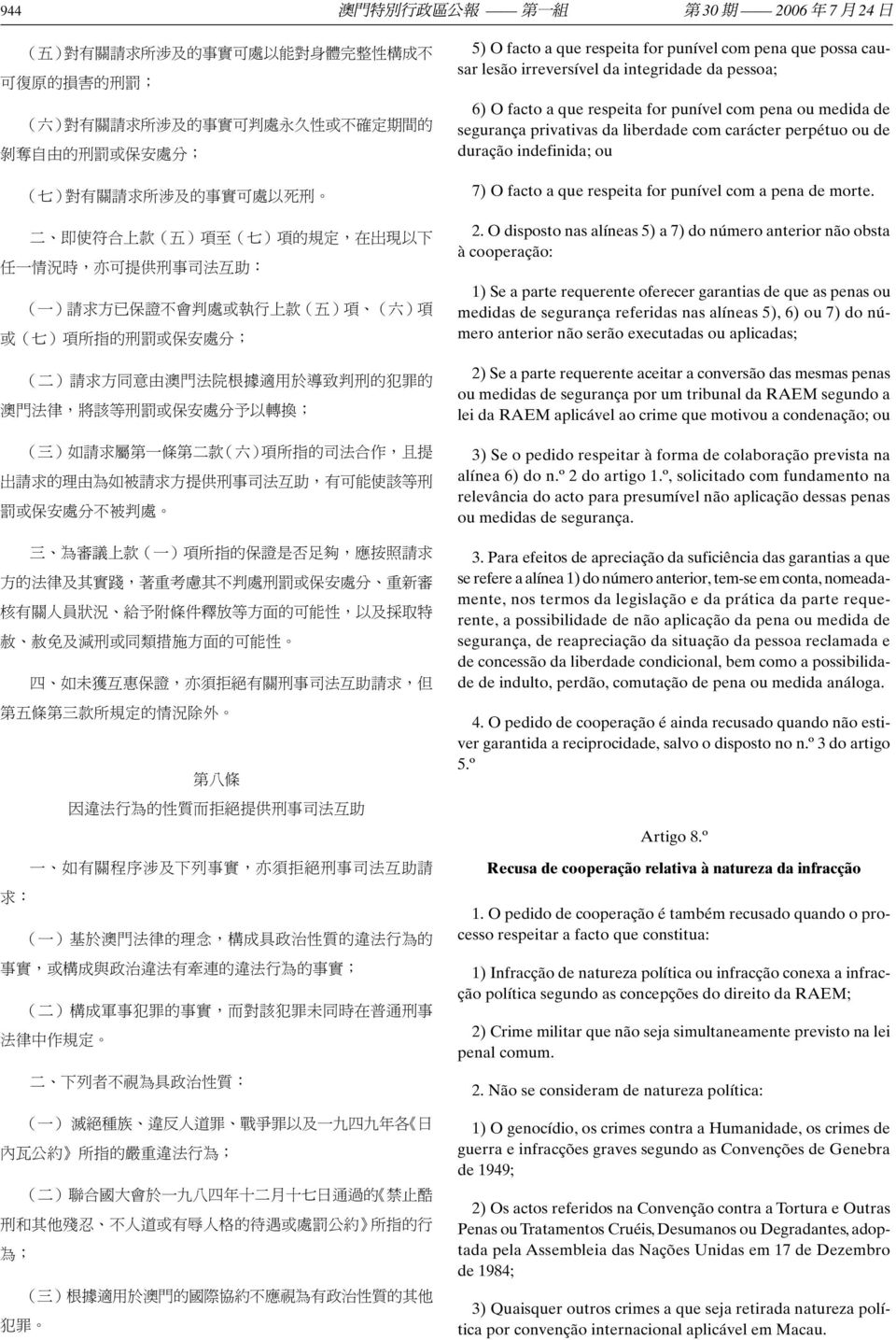 保 安 處 分 ; ( 二 ) 請 求 方 同 意 由 澳 門 法 院 根 據 適 用 於 導 致 判 刑 的 犯 罪 的 澳 門 法 律, 將 該 等 刑 罰 或 保 安 處 分 予 以 轉 換 ; ( 三 ) 如 請 求 屬 第 一 條 第 二 款 ( 六 ) 項 所 指 的 司 法 合 作, 且 提 出 請 求 的 理 由 為 如 被 請 求 方 提 供 刑 事 司 法 互 助, 有 可