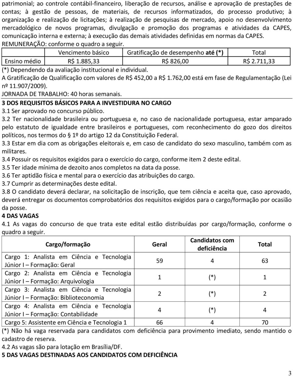 comunicação interna e externa; à execução das demais atividades definidas em normas da CAPES. REMUNERAÇÃO: conforme o quadro a seguir.