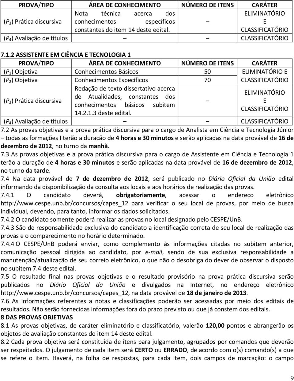 2 ASSISTENTE EM CIÊNCIA E TECNOLOGIA 1 PROVA/TIPO ÁREA DE CONHECIMENTO NÚMERO DE ITENS CARÁTER (P 1 ) Objetiva Conhecimentos Básicos 50 ELIMINATÓRIO E (P 2 ) Objetiva Conhecimentos Específicos 70