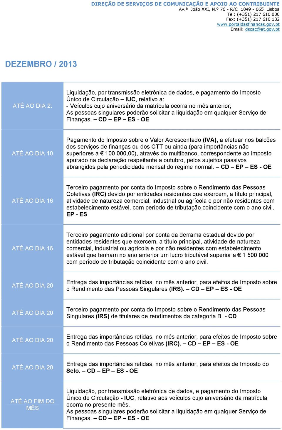 CD EP ES - OE ATÉ AO DIA 16 Terceiro pagamento por conta do Imposto sobre o Rendimento das Pessoas Coletivas (IRC) devido por entidades residentes que exercem, a título principal, atividade de