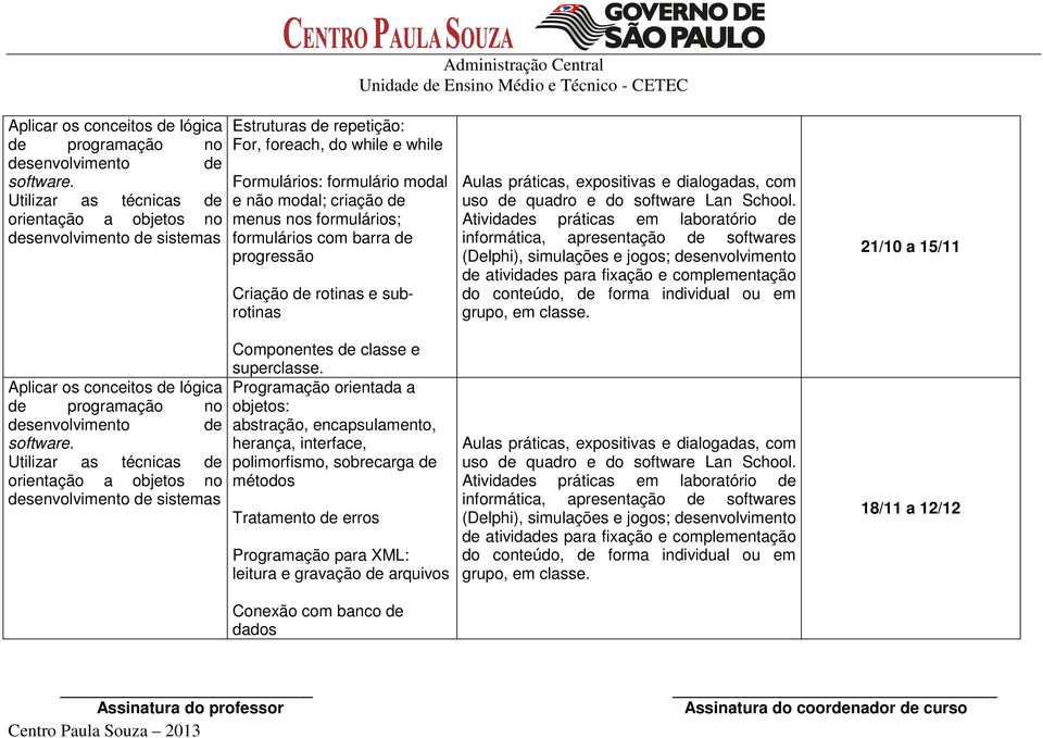 Aplicar os conceitos de lógica Programação orientada a de programação no objetos: abstração, encapsulamento, herança, interface, Utilizar as técnicas de polimorfismo, sobrecarga de