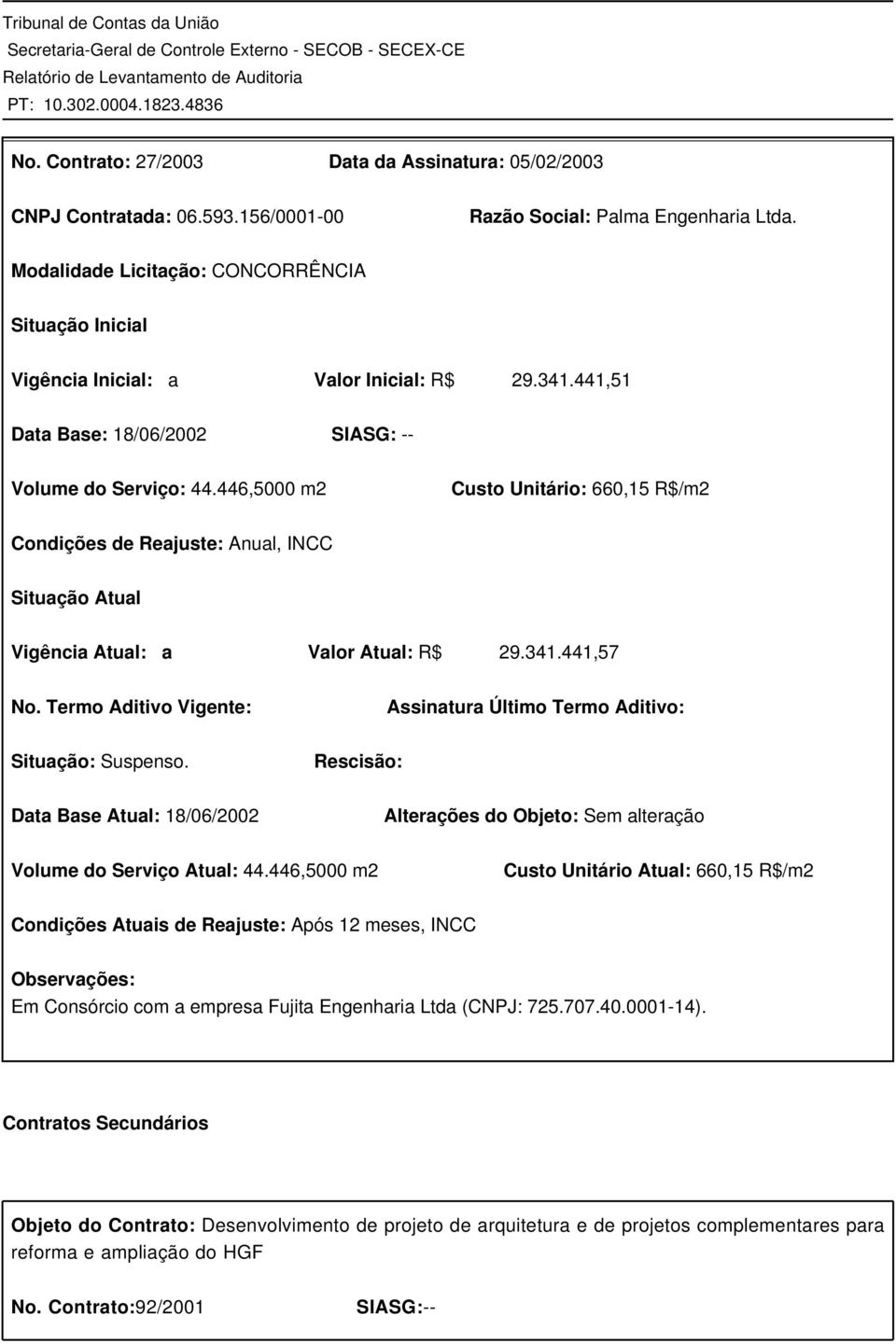 446,5000 m2 Custo Unitário: 660,15 R$/m2 Condições de Reajuste: Anual, INCC Situação Atual Vigência Atual: a Valor Atual: R$ 29.341.441,57 No.