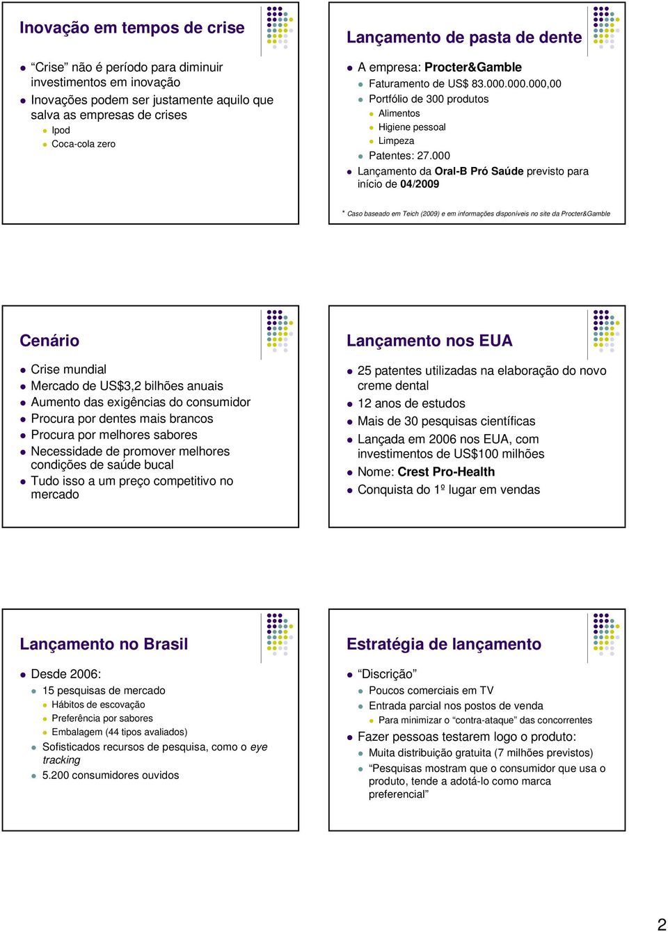 000 Lançamento da Oral-B Pró Saúde previsto para início de 04/2009 * Caso baseado em Teich (2009) e em informações disponíveis no site da Procter&Gamble Cenário Crise mundial Mercado de US$3,2