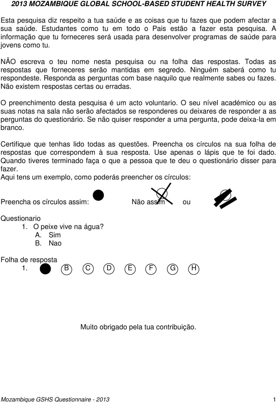 NÃO escreva o teu nome nesta pesquisa ou na folha das respostas. Todas as respostas que forneceres serão mantidas em segredo. Ninguém saberá como tu respondeste.