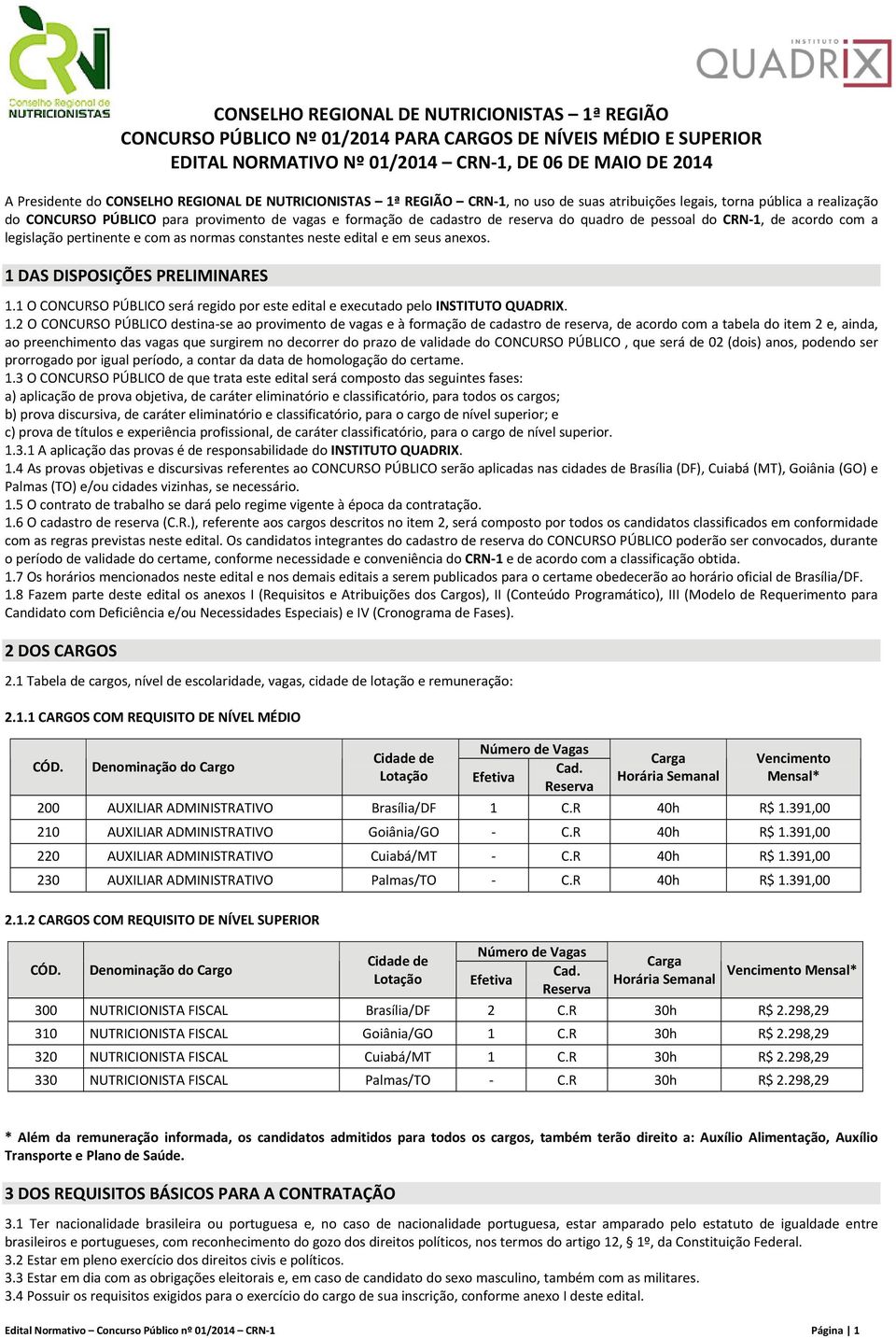 pessoal do CRN 1, de acordo com a legislação pertinente e com as normas constantes neste edital e em seus anexos. 1 DAS DISPOSIÇÕES PRELIMINARES 1.