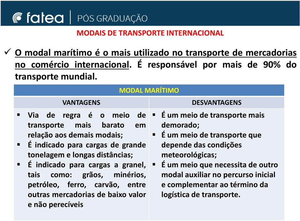 É indicado para cargas de grande depende das condições tonelagem e longas distâncias; meteorológicas; É indicado para cargas a granel, É um meio que necessita de outro tais como: