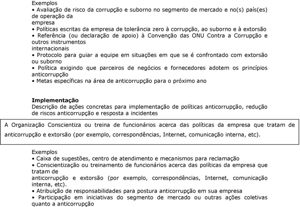 suborno Política exigindo que parceiros de negócios e fornecedores adotem os princípios anticorrupção Metas específicas na área de anticorrupção para o próximo ano Implementação Descrição de ações