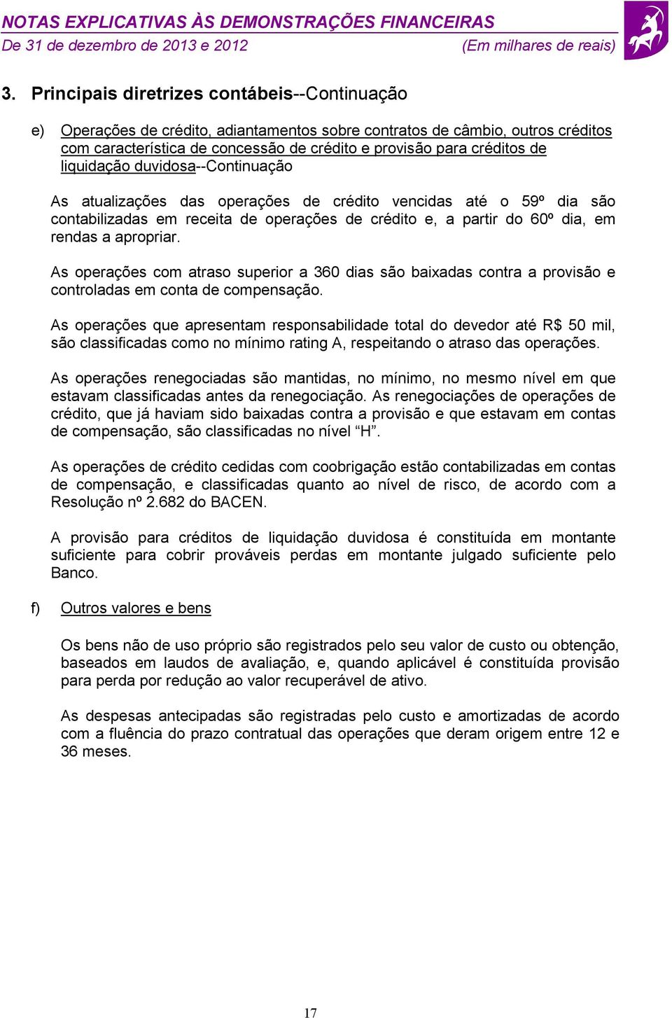 As operações com atraso superior a 360 dias são baixadas contra a provisão e controladas em conta de compensação.