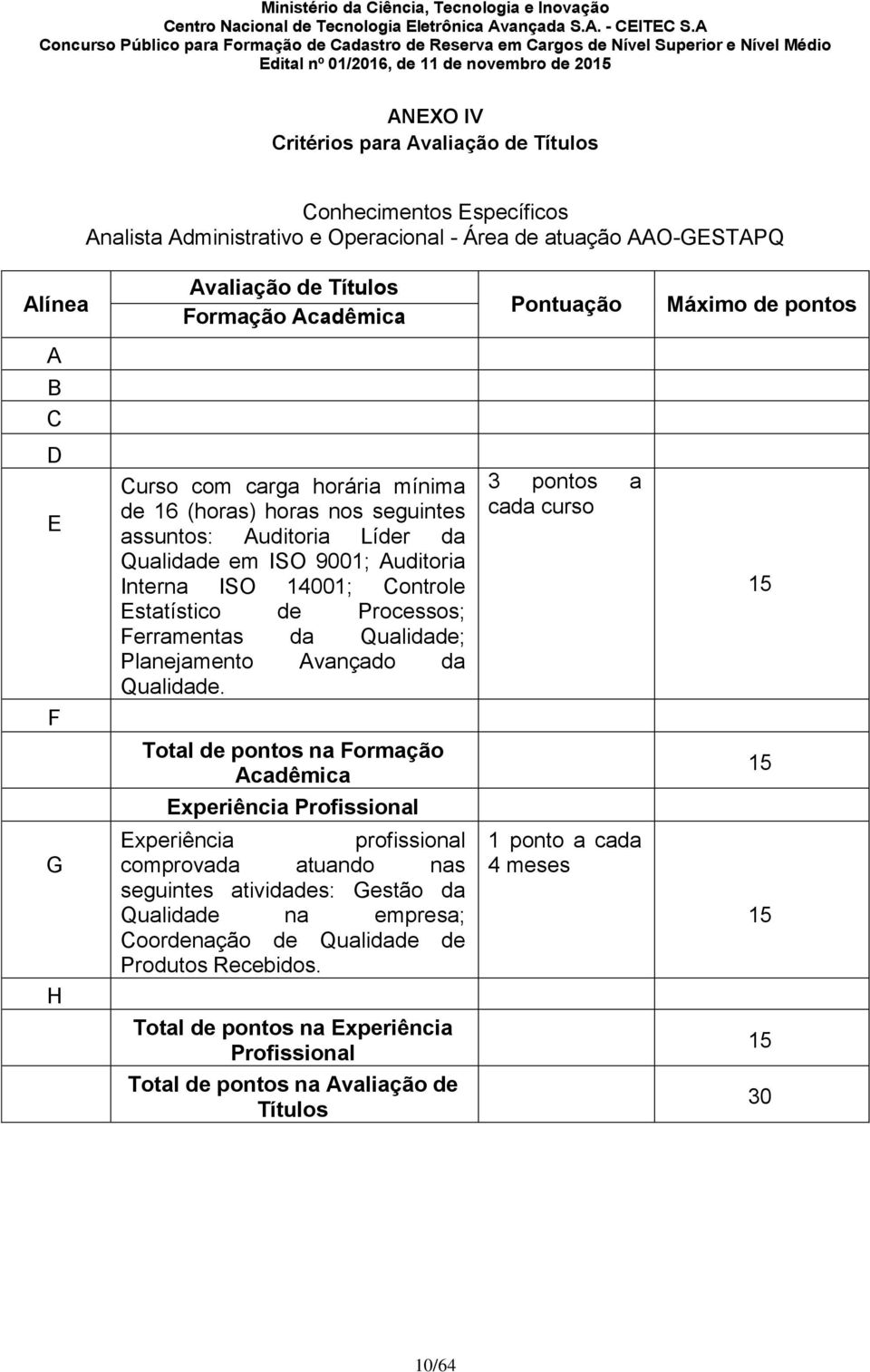 Operacional - Área de atuação O-STPQ urso com carga horária mínima de 16 (horas) horas nos seguintes assuntos: uditoria Líder da Qualidade em ISO 9001; uditoria Interna ISO 1001; ontrole