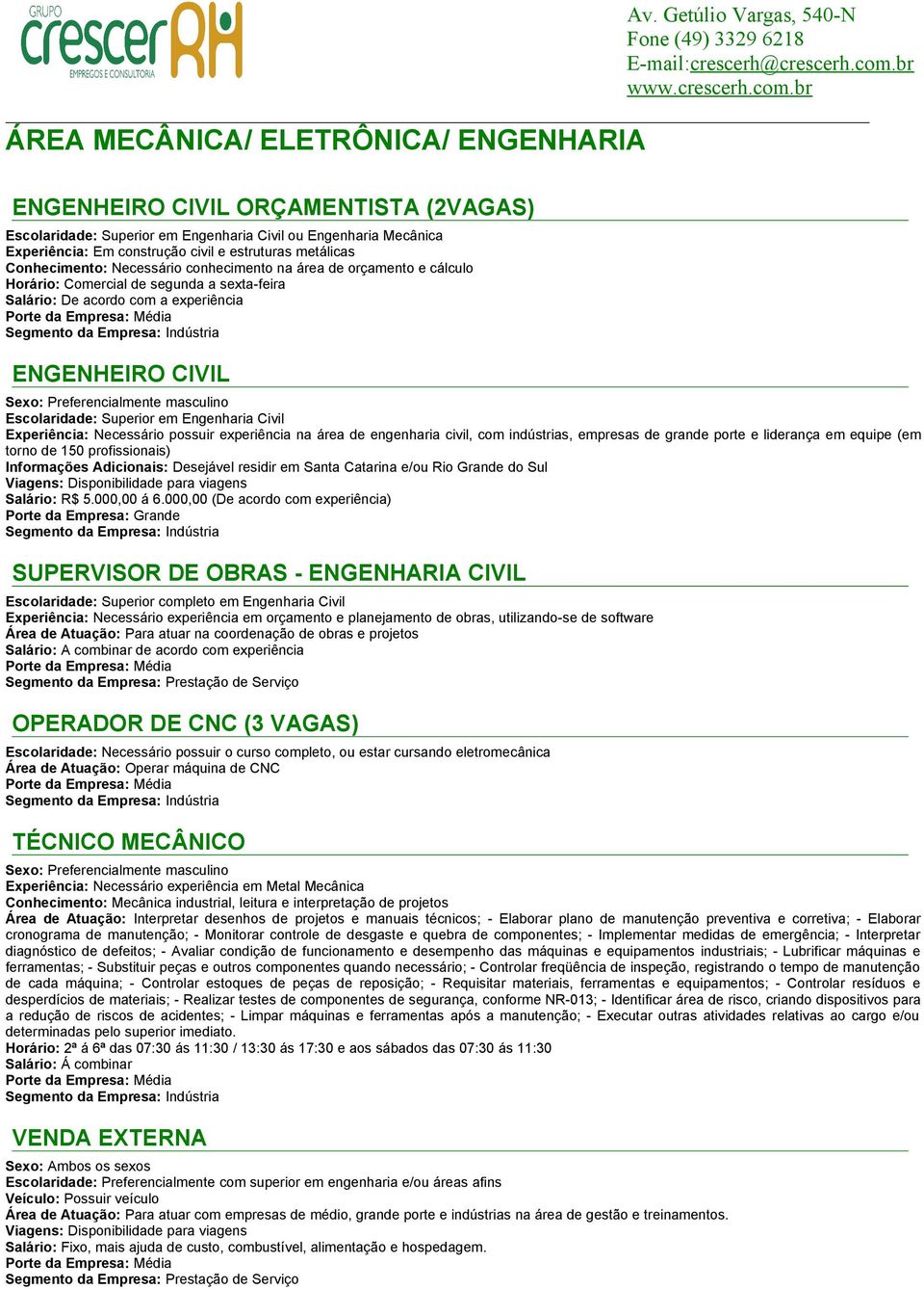 Experiência: Necessário possuir experiência na área de engenharia civil, com indústrias, empresas de grande porte e liderança em equipe (em torno de 150 profissionais) Informações Adicionais: