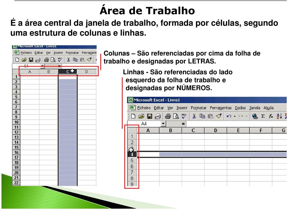 Colunas São referenciadas por cima da folha de trabalho e designadas por