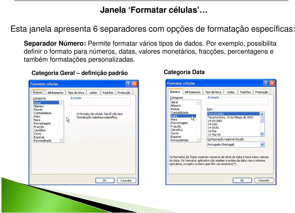 Por exemplo, possibilita definir o formato para números, datas, valores monetários,