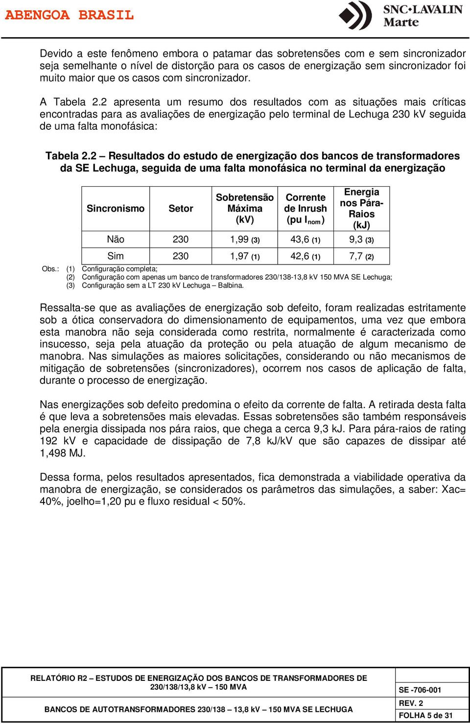 2 apresenta um resumo dos resultados com as situações mais críticas encontradas para as avaliações de energização pelo terminal de Lechuga 230 kv seguida de uma falta monofásica: Tabela 2.