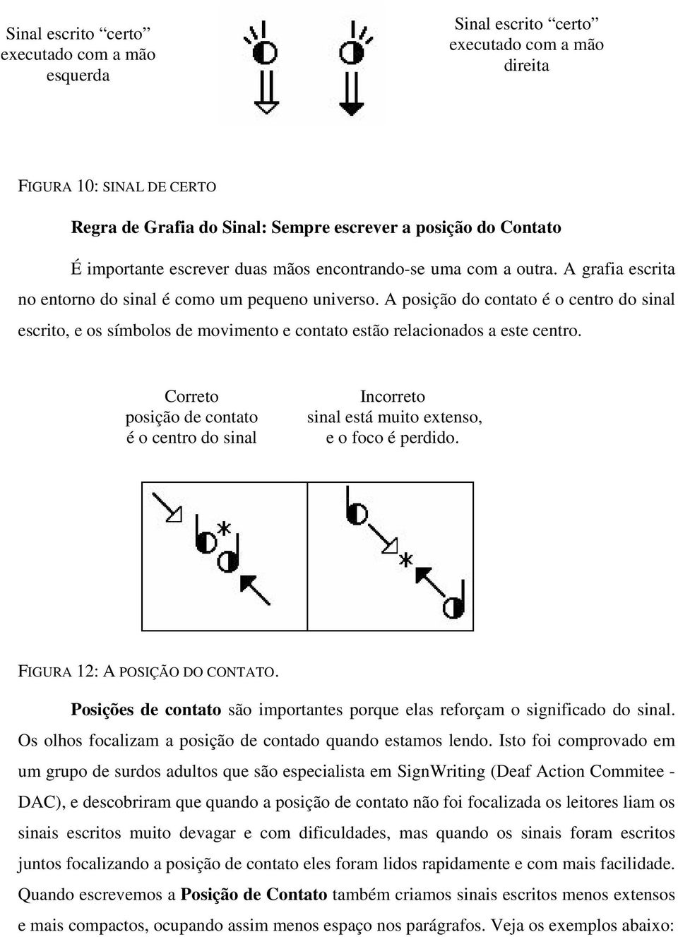 A posição do contato é o centro do sinal escrito, e os símbolos de movimento e contato estão relacionados a este centro.