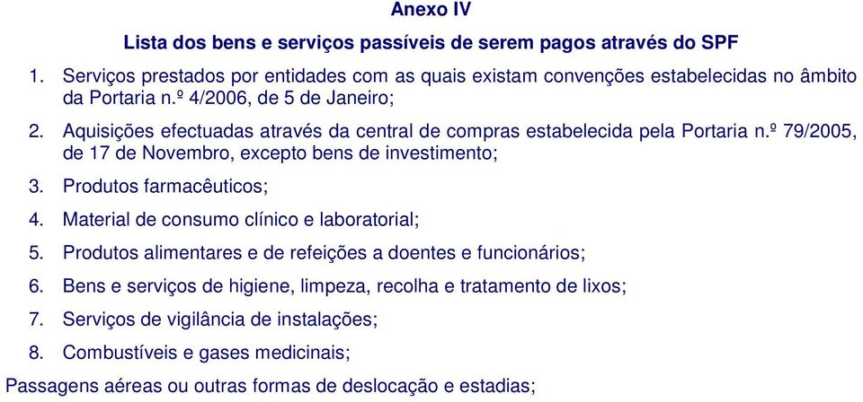 Aquisições efectuadas através da central de compras estabelecida pela Portaria n.º 79/2005, de 17 de Novembro, excepto bens de investimento; 3. Produtos farmacêuticos; 4.