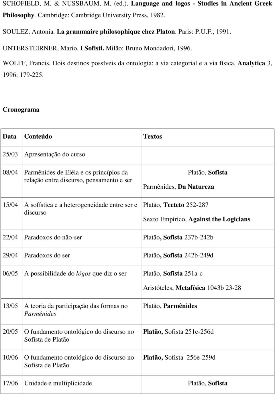 Cronograma Data Conteúdo Textos 25/03 Apresentação do curso 08/04 Parmênides de Eléia e os princípios da relação entre discurso, pensamento e ser 15/04 A sofística e a heterogeneidade entre ser e