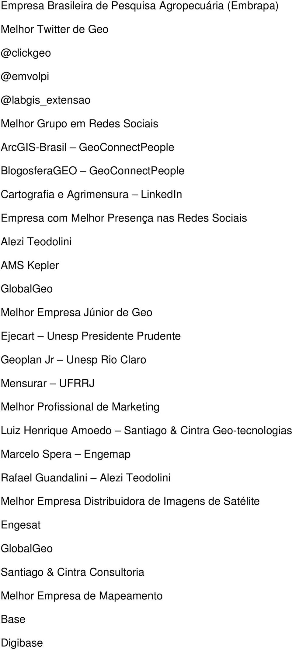 Ejecart Unesp Presidente Prudente Geoplan Jr Unesp Rio Claro Mensurar UFRRJ Melhor Profissional de Marketing Luiz Henrique Amoedo Santiago & Cintra Geo-tecnologias Marcelo Spera