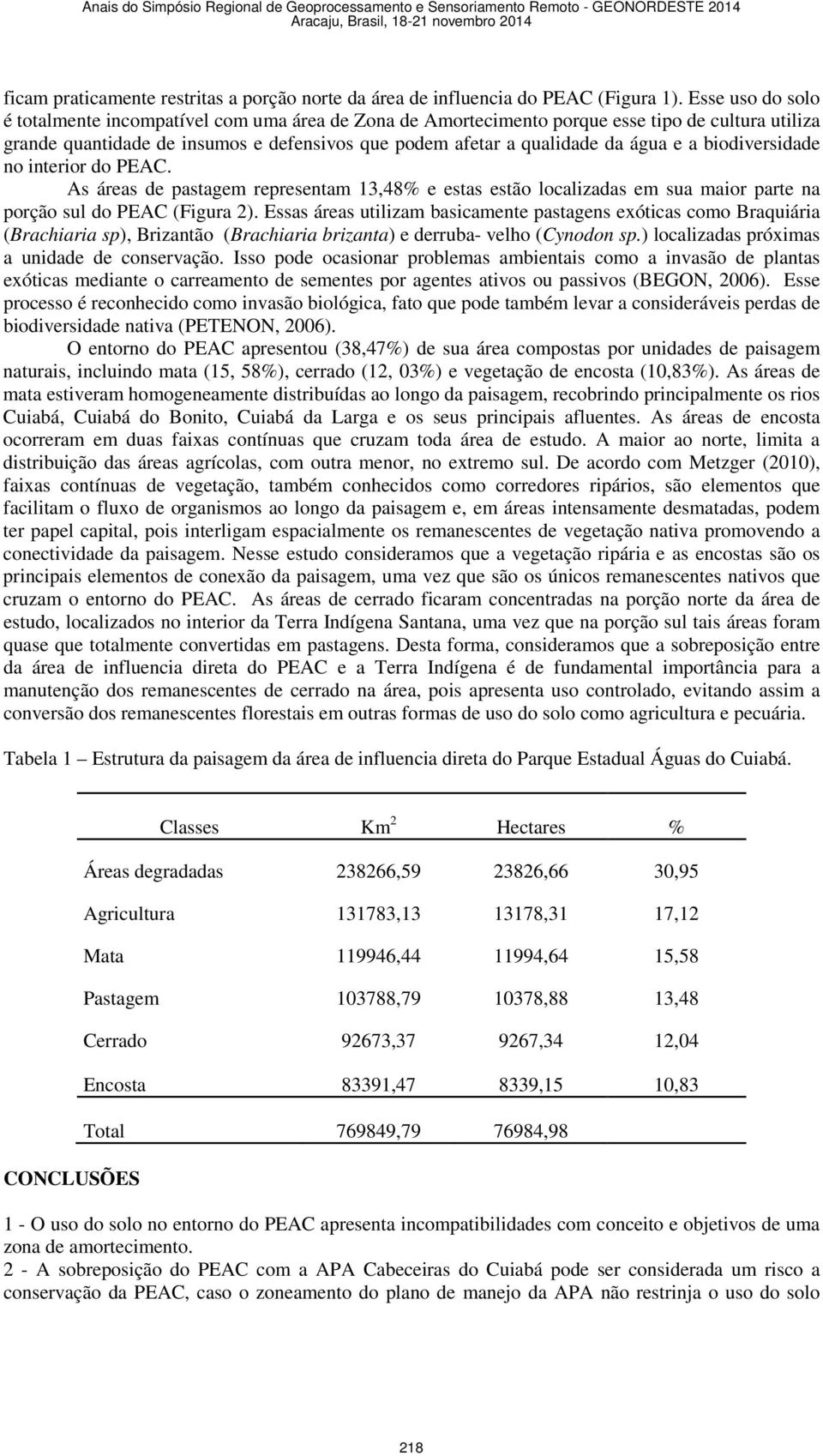 biodiversidade no interior do PEAC. As áreas de pastagem representam 13,48% e estas estão localizadas em sua maior parte na porção sul do PEAC (Figura 2).