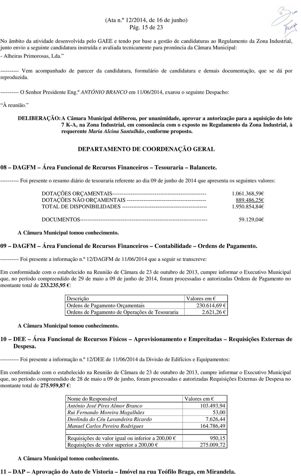 ---------- Vem acompanhado de parecer da candidatura, formulário de candidatura e demais documentação, que se dá por reproduzida. ---------- O Senhor Presidente Eng.