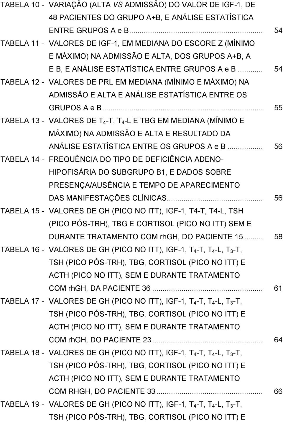 .. 54 TABELA 12 - VALORES DE PRL EM MEDIANA (MÍNIMO E MÁXIMO) NA ADMISSÃO E ALTA E ANÁLISE ESTATÍSTICA ENTRE OS GRUPOS A e B.