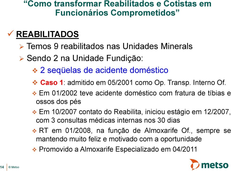 Em 01/2002 teve acidente doméstico com fratura de tíbias e ossos dos pés Em 10/2007 contato do Reabilita, iniciou estágio em