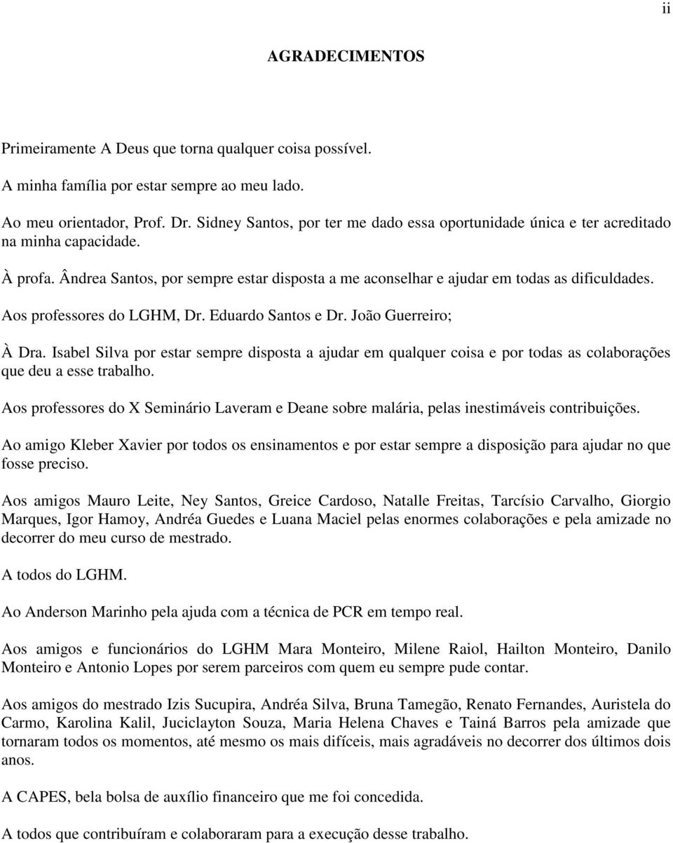 Aos professores do LGHM, Dr. Eduardo Santos e Dr. João Guerreiro; À Dra. Isabel Silva por estar sempre disposta a ajudar em qualquer coisa e por todas as colaborações que deu a esse trabalho.