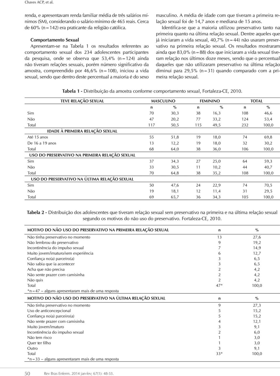 relações sexuais, porém número significativo da amostra, compreendido por 46,6% (n=108), iniciou a vida sexual, sendo que dentro deste percentual a maioria é do sexo masculino.