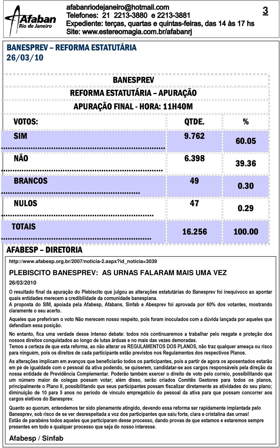 00 PLEBISCITO BANESPREV: AS URNAS FALARAM MAIS UMA VEZ 26/03/2010 O resultado final da apuração do Plebiscito que julgou as alterações estatutárias do Banesprev foi inequívoco ao apontar quais