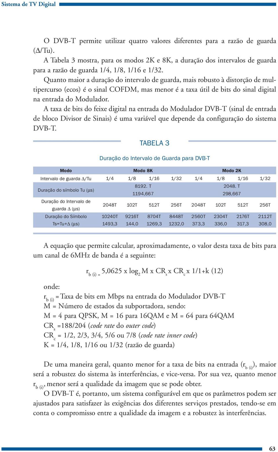 Quanto maior a duração do intervalo de guarda, mais robusto à distorção de multipercurso (ecos) é o sinal COFDM, mas menor é a taxa útil de bits do sinal digital na entrada do Modulador.