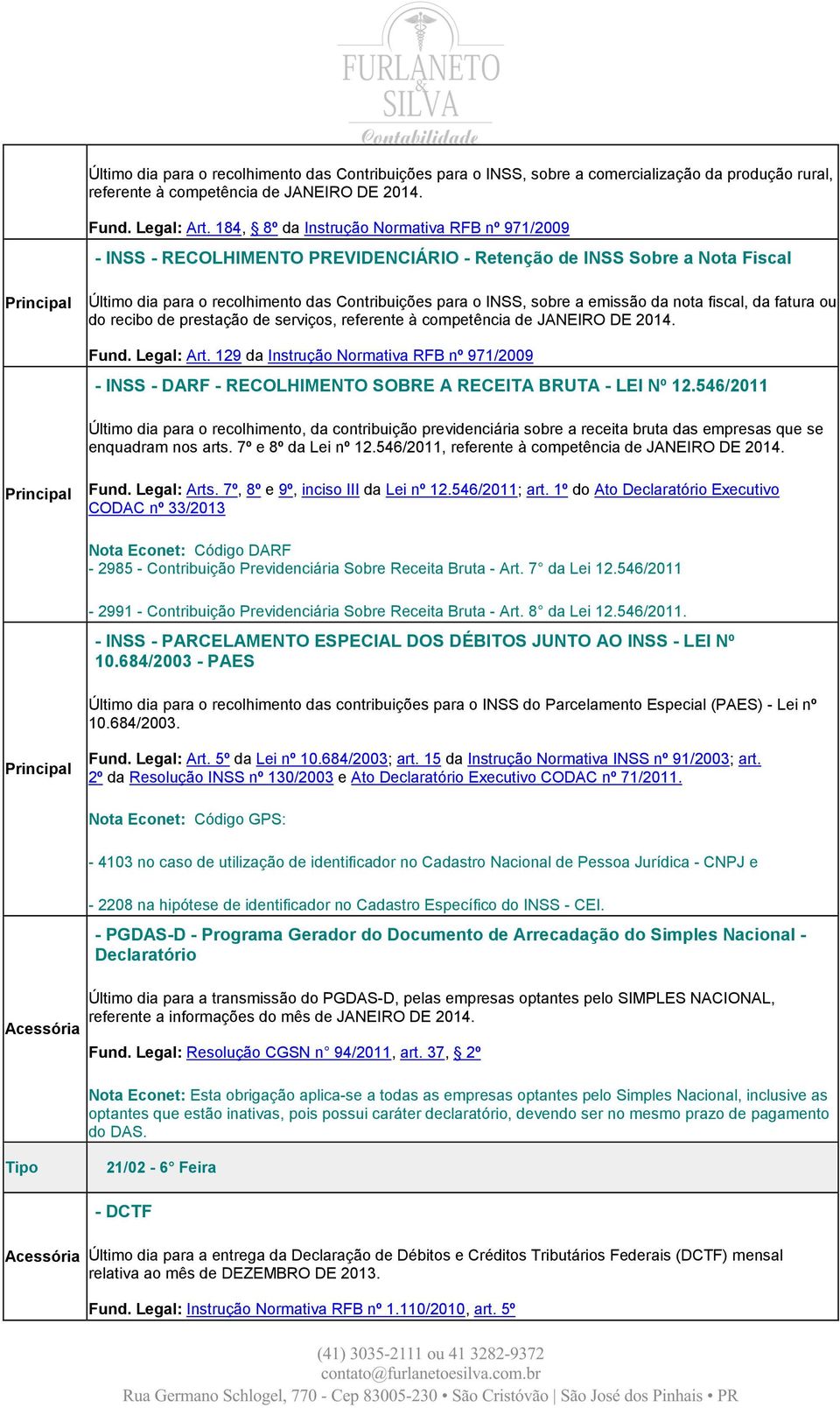 emissão da nota fiscal, da fatura ou do recibo de prestação de serviços, referente à competência de JANEIRO DE 2014. Fund. Legal: Art.