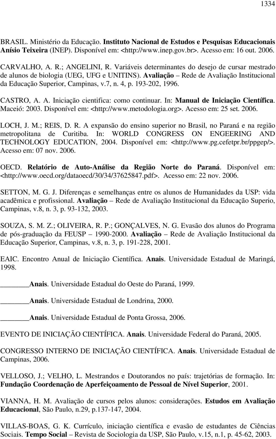 193-202, 1996. CASTRO, A. A. Iniciação cientifica: como continuar. In: Manual de Iniciação Científica. Maceió: 2003. Disponível em: <http://www.metodologia.org>. Acesso em: 25 set. 2006. LOCH, J. M.; REIS, D.