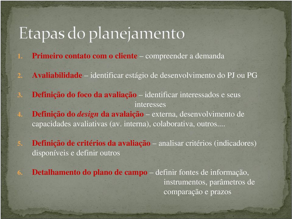 Definição do design da avalaição externa, desenvolvimento de capacidades avaliativas (av. interna), colaborativa, outros... 5.