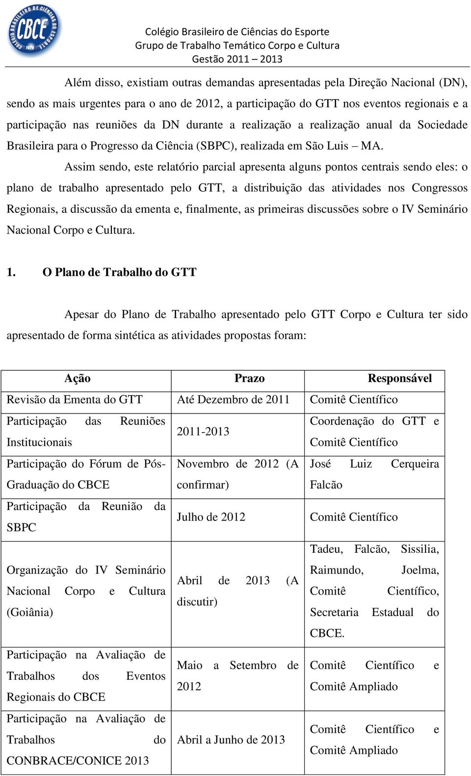 Assim sendo, este relatório parcial apresenta alguns pontos centrais sendo eles: o plano de trabalho apresentado pelo GTT, a distribuição das atividades nos Congressos Regionais, a discussão da