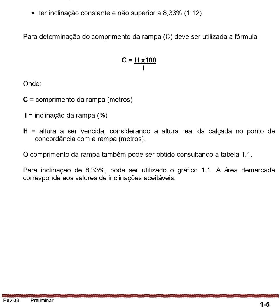 da rampa (%) C = H x100 I H = altura a ser vencida, considerando a altura real da calçada no ponto de concordância com a rampa