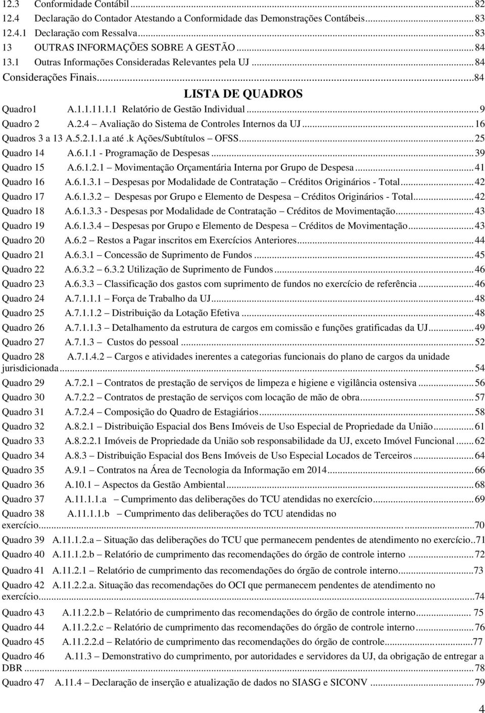 A.2.4 Avaliação do Sistema de Controles Internos da UJ... 16 Quadros 3 a 13 A.5.2.1.1.a até.k Ações/Subtítulos OFSS... 25 Quadro 14 A.6.1.1 - Programação de Despesas... 39 Quadro 15 A.6.1.2.1 Movimentação Orçamentária Interna por Grupo de Despesa.