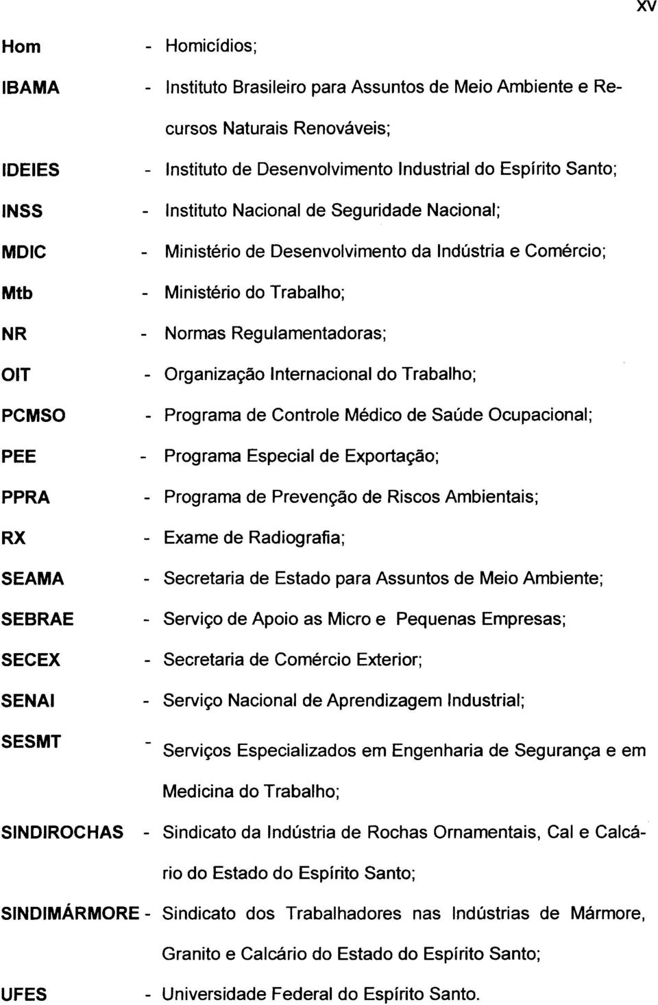 Regulamentadoras; - Organização Internacional do Trabalho; - Programa de Controle Médico de Saúde Ocupacional; - Programa Especial de Exportação; - Programa de Prevenção de Riscos Ambientais; - Exame