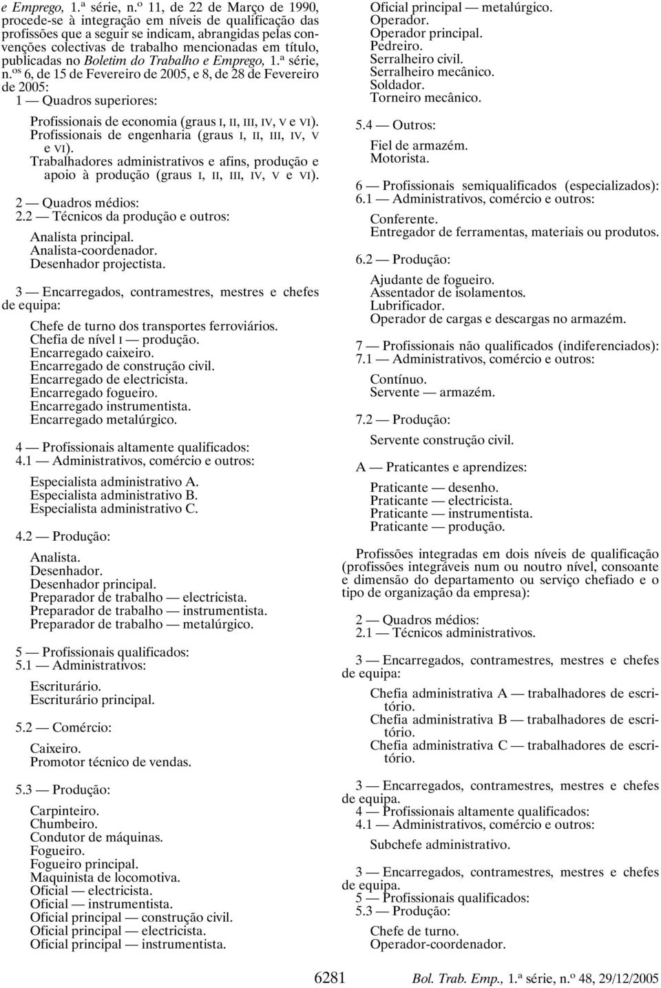 publicadas no Boletim do Trabalho  os 6, de 15 de Fevereiro de 2005, e 8, de 28 de Fevereiro de 2005: 1 Quadros superiores: Profissionais de economia (graus I, II, III, IV, V e VI).