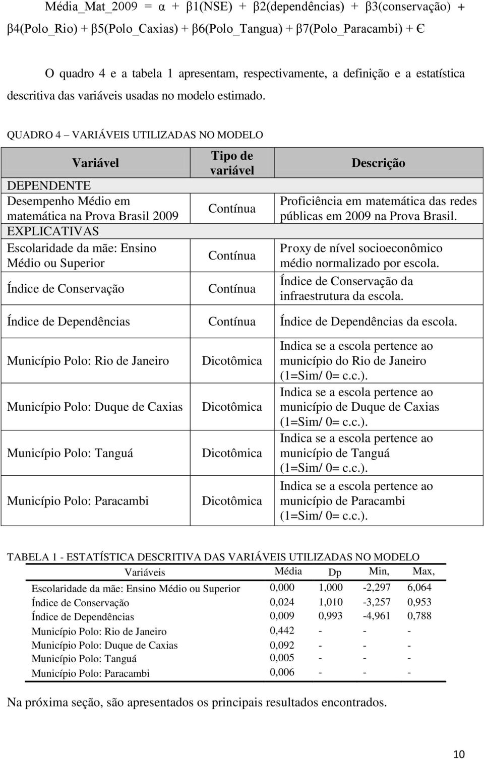 QUADRO 4 VARIÁVEIS UTILIZADAS NO MODELO Variável DEPENDENTE Desempenho Médio em matemática na Prova Brasil 2009 EXPLICATIVAS Escolaridade da mãe: Ensino Médio ou Superior Índice de Conservação Tipo