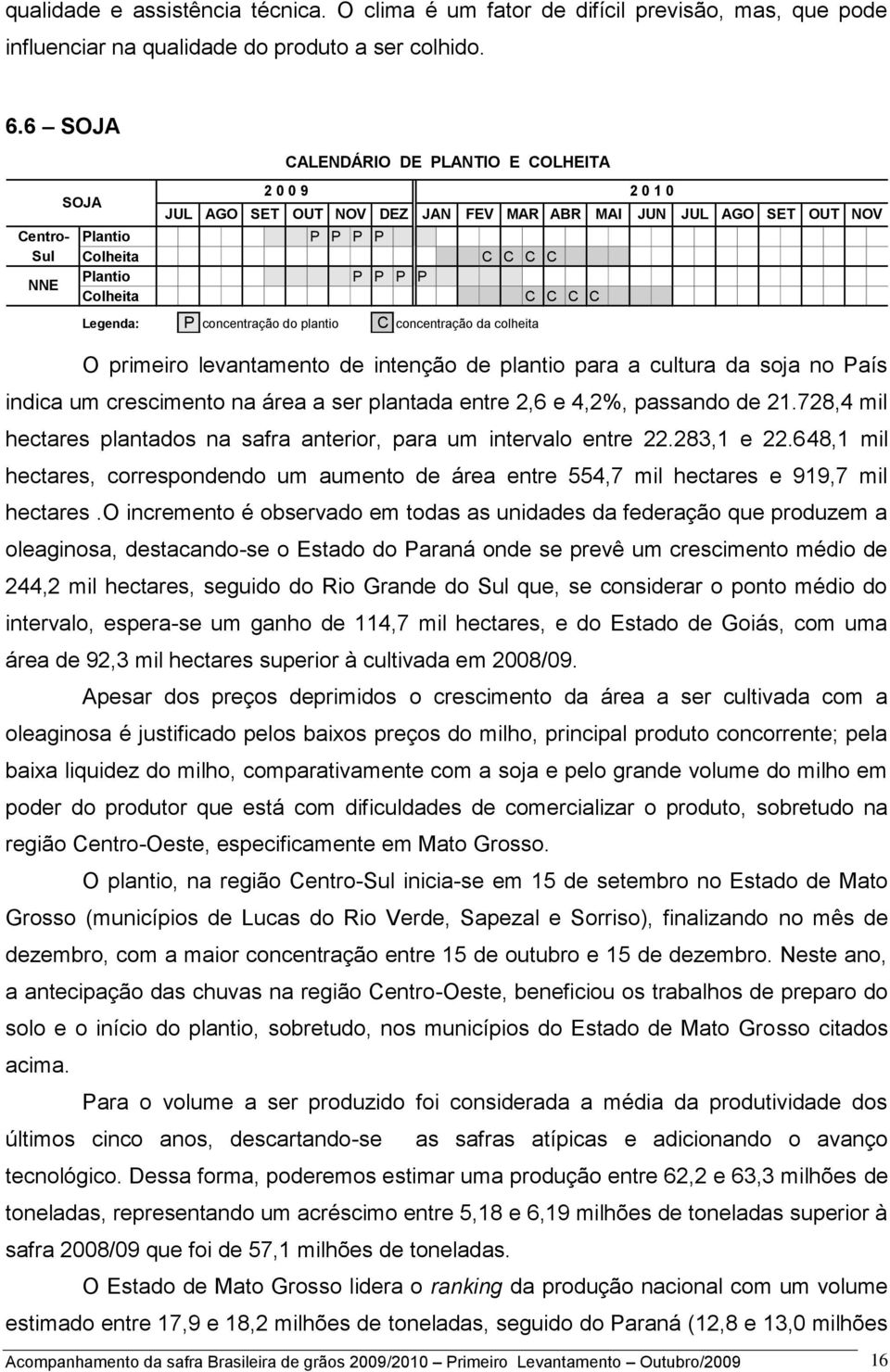 SET OUT NOV Legenda: P concentração do plantio C concentração da colheita O primeiro levantamento de intenção de plantio para a cultura da soja no País indica um crescimento na área a ser plantada