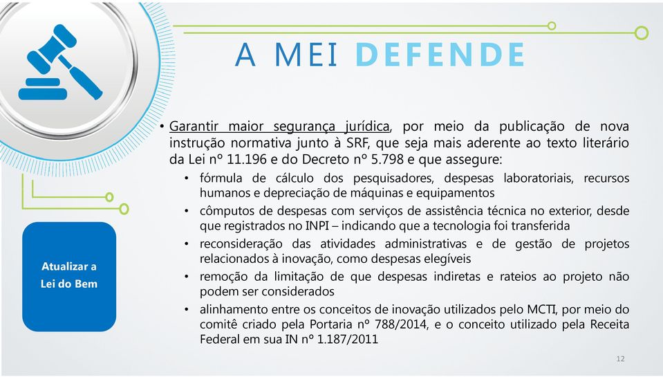 exterior, desde que registrados no INPI indicando que a tecnologia foi transferida reconsideração das atividades administrativas e de gestão de projetos relacionados à inovação, como despesas