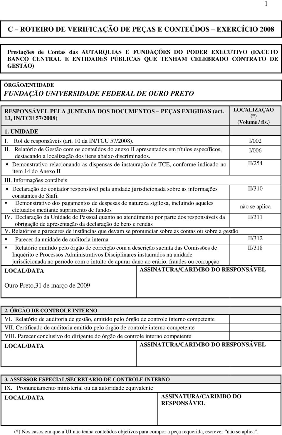 UNIDADE LOCALIZAÇÃO (*) (Volume / fls.) I. Rol de responsáveis (art. 10 da IN/TCU 57/2008). I/002 II.