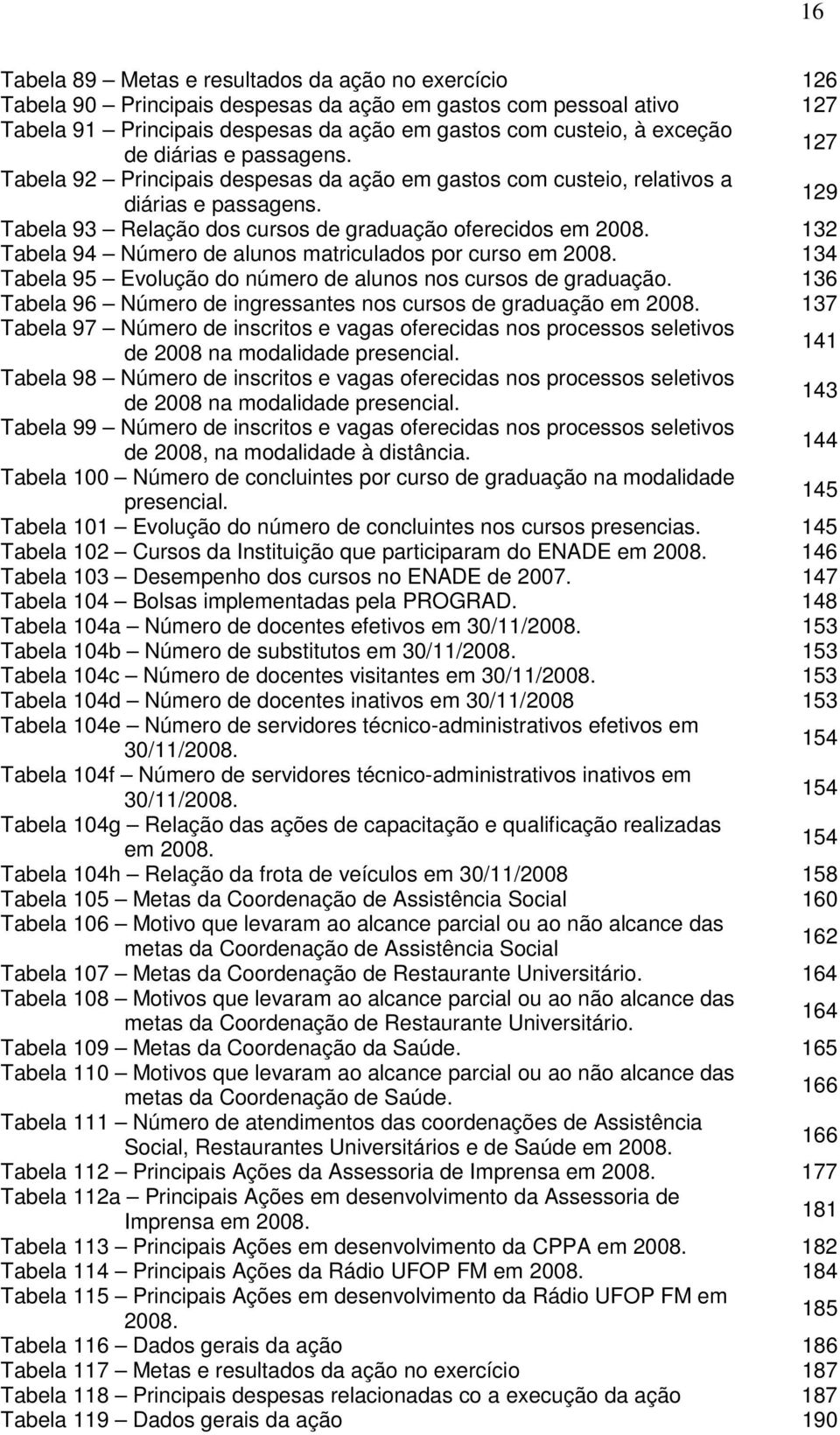 132 Tabela 94 Número de alunos matriculados por curso em 2008. 134 Tabela 95 Evolução do número de alunos nos cursos de graduação. 136 Tabela 96 Número de ingressantes nos cursos de graduação em 2008.