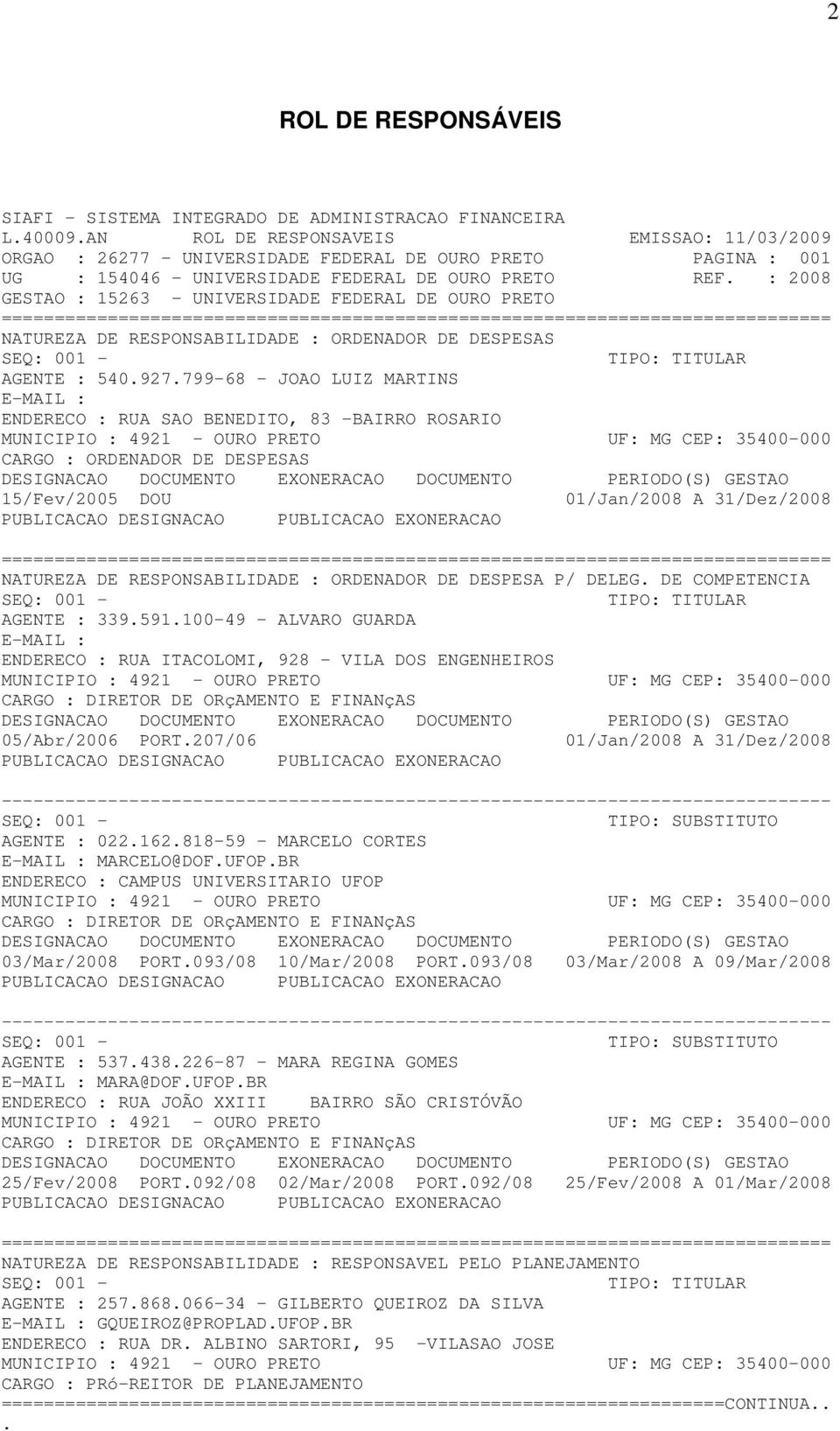 : 2008 GESTAO : 15263 - UNIVERSIDADE FEDERAL DE OURO PRETO ============================================================================== NATUREZA DE RESPONSABILIDADE : ORDENADOR DE DESPESAS SEQ: 001